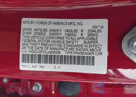 2020 Honda Accord Sport z USA, uszkodzony, nr VIN 1HGCV2F31LA000536